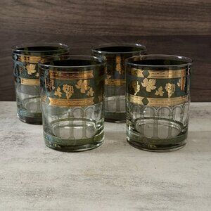 Vintage Cera Golden Grapes Green Rocks Tumblers Glasses Set Four 22K Gold MCM